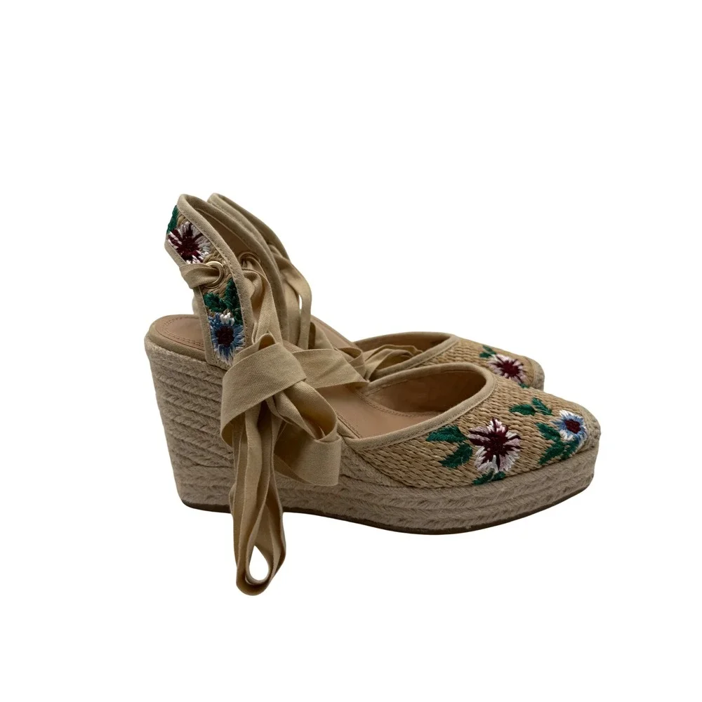 Steve Madden Vero Espadrille Wedges Womens 8.5M Tan New Floral Embroidery